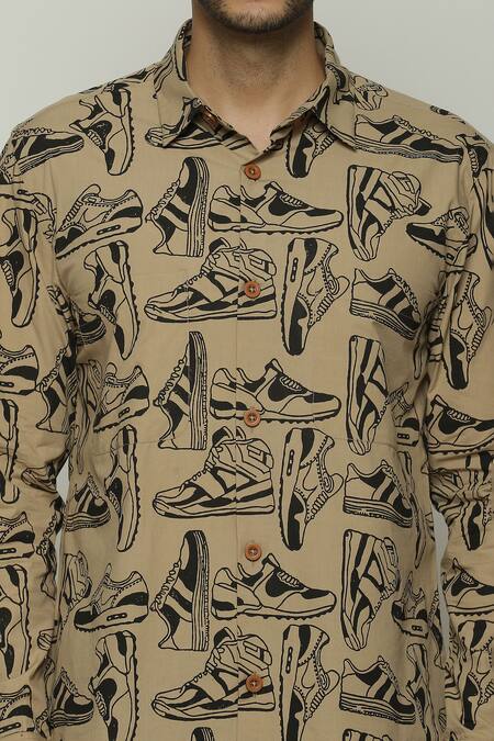 Shop Abraham And Thakore Brown Poplin Shoe Pattern Button Down Shirt Online at Aza Fashions Shop_Abraham And Thakore_Brown Poplin Shoe Pattern Button Down Shirt_Online_at_Aza_Fashions