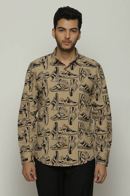 Abraham And Thakore_Brown Poplin Shoe Pattern Button Down Shirt_at_Aza_Fashions