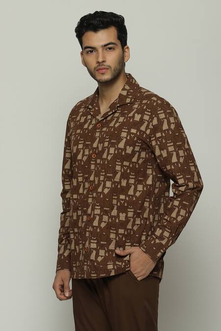 Abraham And Thakore Brown Poplin Full Sleeve Button Down Shirt Online at Aza Fashions Abraham And Thakore_Brown Poplin Full Sleeve Button Down Shirt_Online_at_Aza_Fashions