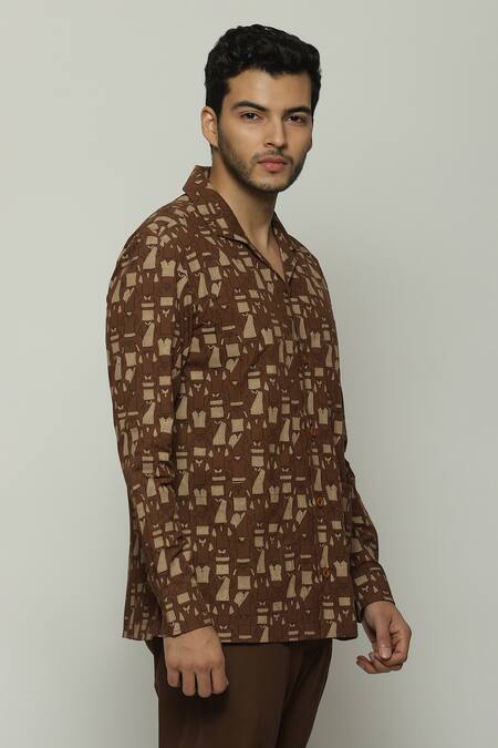 Buy_Abraham And Thakore_Brown Poplin Full Sleeve Button Down Shirt_Online_at_Aza_Fashions