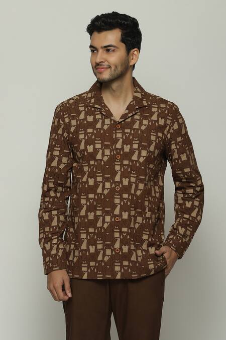 Abraham And Thakore Brown Poplin Full Sleeve Button Down Shirt at Aza Fashions Abraham And Thakore_Brown Poplin Full Sleeve Button Down Shirt_at_Aza_Fashions
