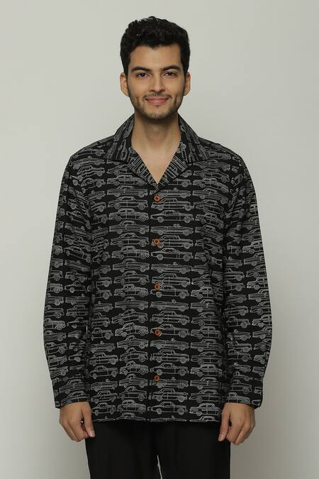 Abraham And Thakore_Black Poplin Safari Cars Pattern Shirt_Online_at_Aza_Fashions