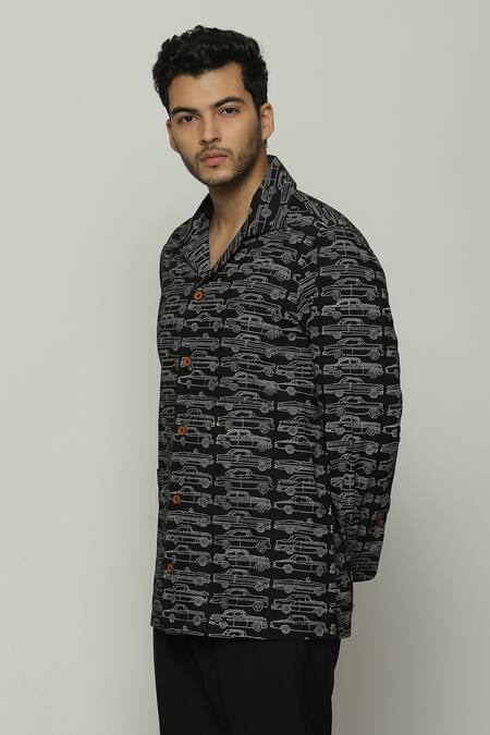 Buy_Abraham And Thakore_Black Poplin Safari Cars Pattern Shirt_Online_at_Aza_Fashions
