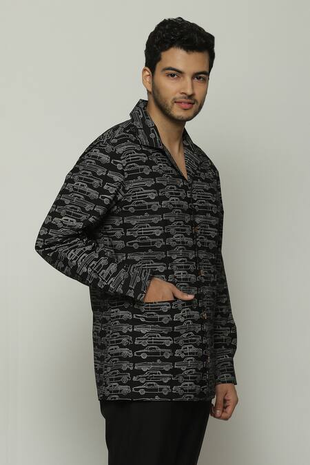 Shop_Abraham And Thakore_Black Poplin Safari Cars Pattern Shirt_Online_at_Aza_Fashions