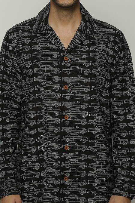 Abraham And Thakore_Black Poplin Safari Cars Pattern Shirt_at_Aza_Fashions