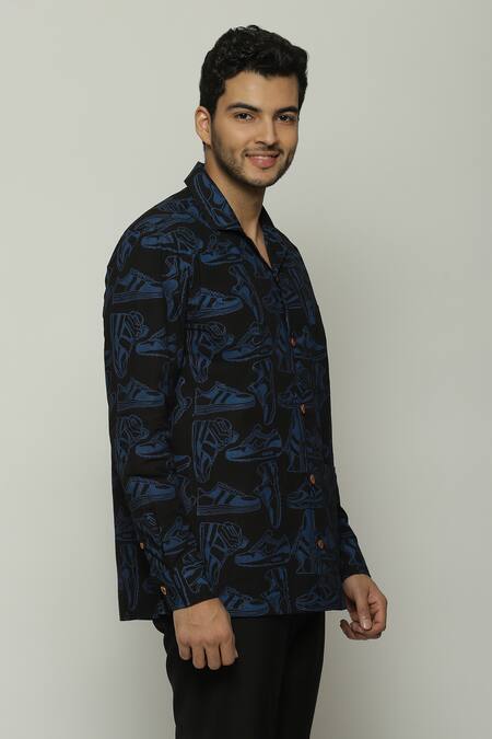 Shop Abraham And Thakore Black Poplin Shoes Pattern Button Down Shirt Online at Aza Fashions Shop_Abraham And Thakore_Black Poplin Shoes Pattern Button Down Shirt_Online_at_Aza_Fashions