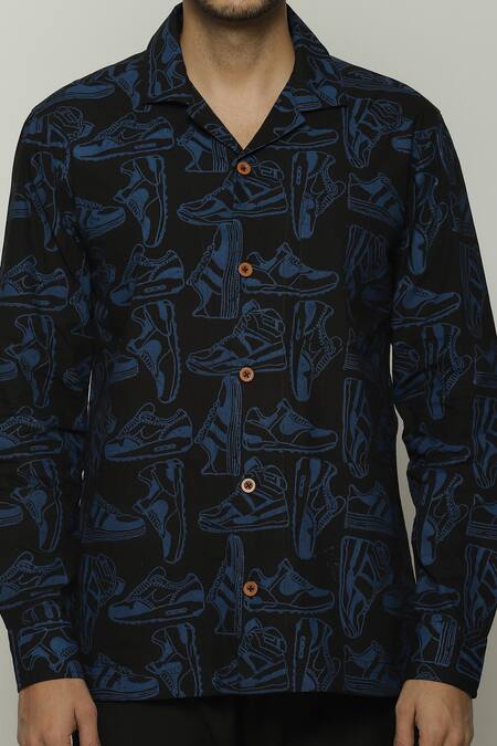 Abraham And Thakore Black Poplin Shoes Pattern Button Down Shirt at Aza Fashions Abraham And Thakore_Black Poplin Shoes Pattern Button Down Shirt_at_Aza_Fashions