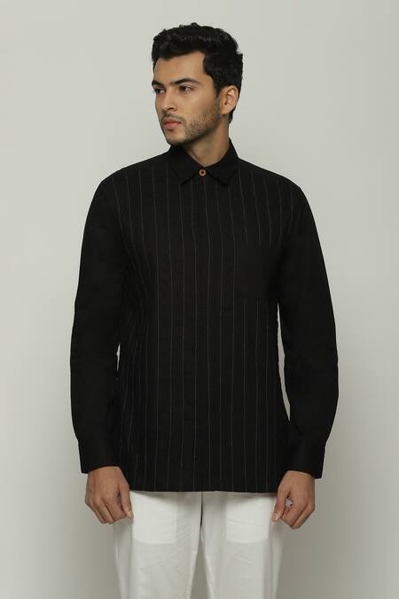 Abraham And Thakore Black Twill Embroidery Running Stitch Work Shirt Online at Aza Fashions Abraham And Thakore_Black Twill Embroidery Running Stitch Work Shirt_Online_at_Aza_Fashions