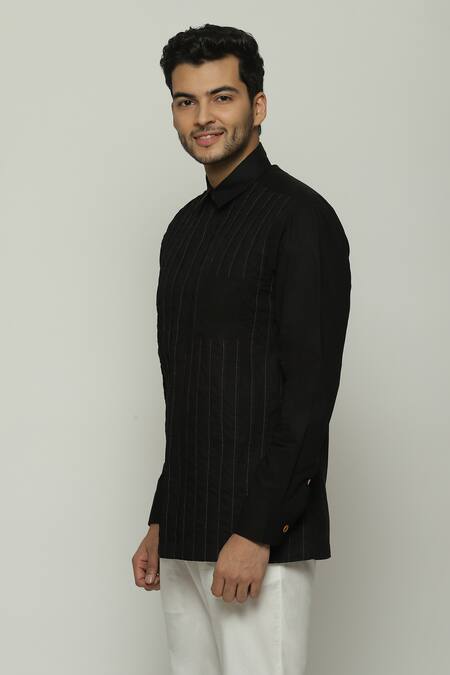 Buy Abraham And Thakore Black Twill Embroidery Running Stitch Work Shirt Online at Aza Fashions Buy_Abraham And Thakore_Black Twill Embroidery Running Stitch Work Shirt_Online_at_Aza_Fashions
