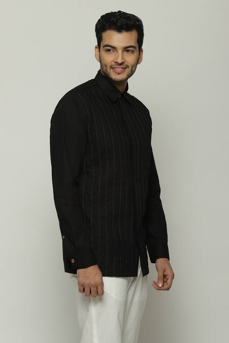 Shop Abraham And Thakore Black Twill Embroidery Running Stitch Work Shirt Online at Aza Fashions Shop_Abraham And Thakore_Black Twill Embroidery Running Stitch Work Shirt_Online_at_Aza_Fashions