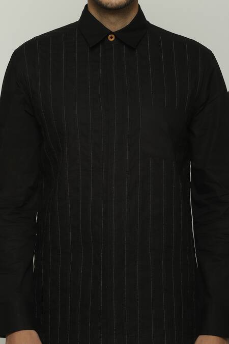 Abraham And Thakore Black Twill Embroidery Running Stitch Work Shirt at Aza Fashions Abraham And Thakore_Black Twill Embroidery Running Stitch Work Shirt_at_Aza_Fashions