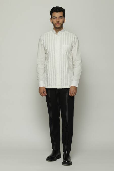 Abraham & Thakore Ivory Twill Pleated Button Down Shirt 