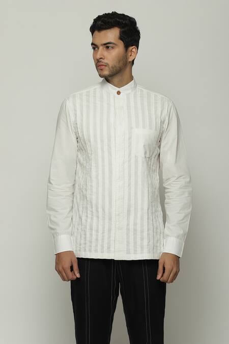 Abraham And Thakore_Ivory Twill Pleated Button Down Shirt_Online_at_Aza_Fashions