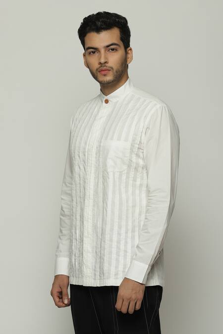 Buy_Abraham And Thakore_Ivory Twill Pleated Button Down Shirt_Online_at_Aza_Fashions
