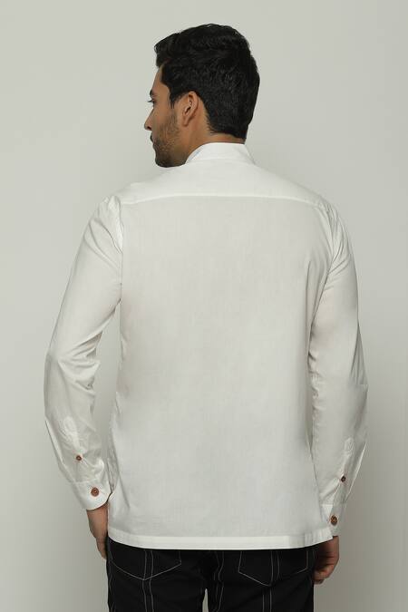 Shop_Abraham And Thakore_Ivory Twill Pleated Button Down Shirt_at_Aza_Fashions