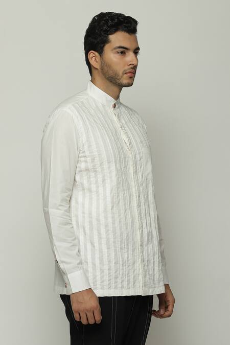 Shop_Abraham And Thakore_Ivory Twill Pleated Button Down Shirt_Online_at_Aza_Fashions