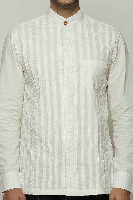 Abraham And Thakore_Ivory Twill Pleated Button Down Shirt_at_Aza_Fashions