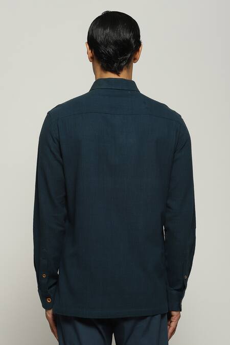 Shop Abraham And Thakore Blue Handloom Cotton Embroidery Spaced Out Striped Shirt at Aza Fashions Shop_Abraham And Thakore_Blue Handloom Cotton Embroidery Spaced Out Striped Shirt_at_Aza_Fashions