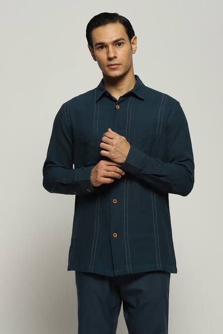 Abraham And Thakore Blue Handloom Cotton Embroidery Spaced Out Striped Shirt Online at Aza Fashions Abraham And Thakore_Blue Handloom Cotton Embroidery Spaced Out Striped Shirt_Online_at_Aza_Fashions