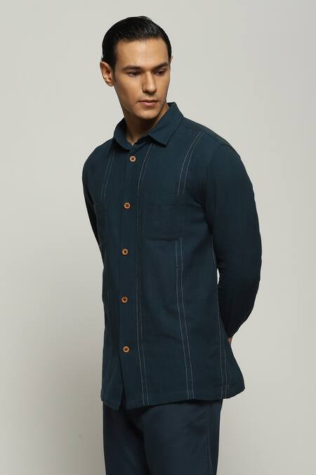 Buy Abraham And Thakore Blue Handloom Cotton Embroidery Spaced Out Striped Shirt Online at Aza Fashions Buy_Abraham And Thakore_Blue Handloom Cotton Embroidery Spaced Out Striped Shirt_Online_at_Aza_Fashions