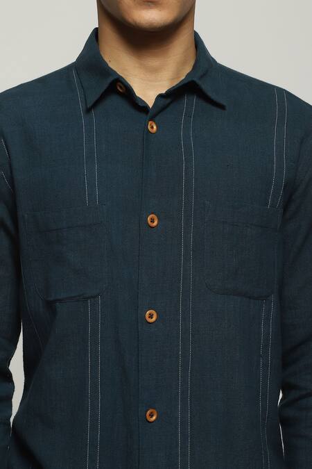 Abraham And Thakore Blue Handloom Cotton Embroidery Spaced Out Striped Shirt at Aza Fashions Abraham And Thakore_Blue Handloom Cotton Embroidery Spaced Out Striped Shirt_at_Aza_Fashions