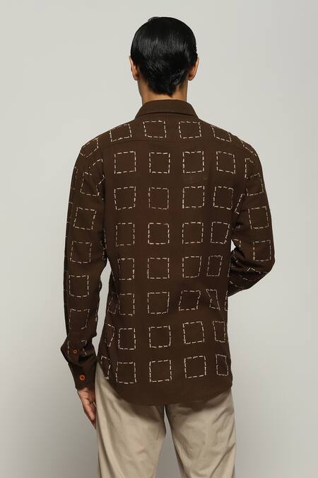 Shop Abraham And Thakore Brown Handloom Cotton Embroidery Stitch Shirt at Aza Fashions Shop_Abraham And Thakore_Brown Handloom Cotton Embroidery Stitch Shirt_at_Aza_Fashions