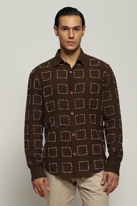 Abraham And Thakore Brown Handloom Cotton Embroidery Stitch Shirt Online at Aza Fashions Abraham And Thakore_Brown Handloom Cotton Embroidery Stitch Shirt_Online_at_Aza_Fashions