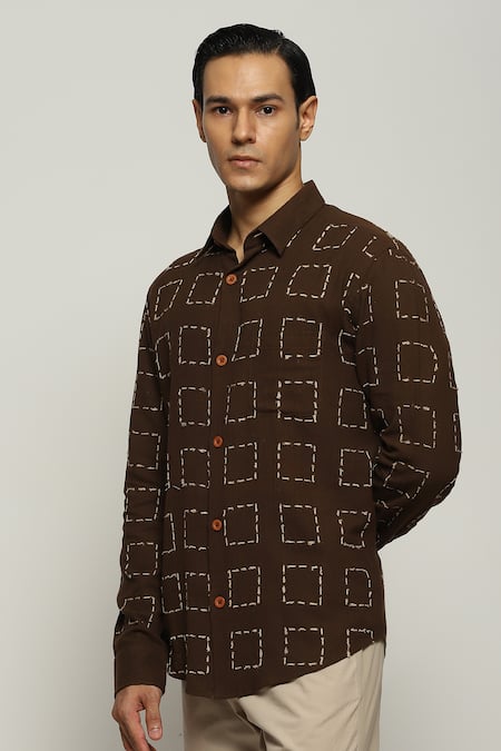 Buy Abraham And Thakore Brown Handloom Cotton Embroidery Stitch Shirt Online at Aza Fashions Buy_Abraham And Thakore_Brown Handloom Cotton Embroidery Stitch Shirt_Online_at_Aza_Fashions