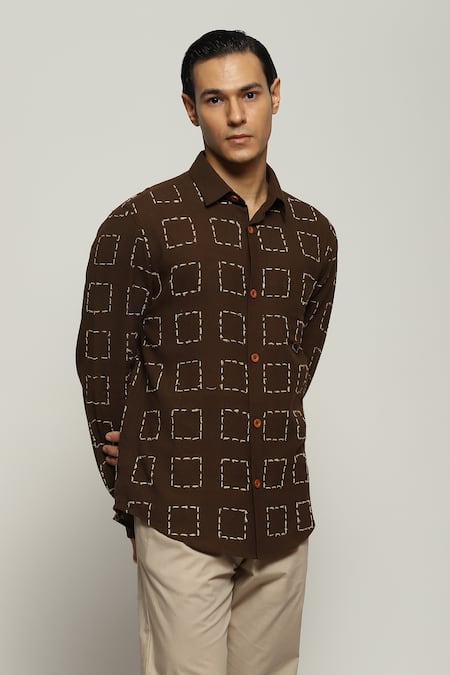 Shop Abraham And Thakore Brown Handloom Cotton Embroidery Stitch Shirt Online at Aza Fashions Shop_Abraham And Thakore_Brown Handloom Cotton Embroidery Stitch Shirt_Online_at_Aza_Fashions