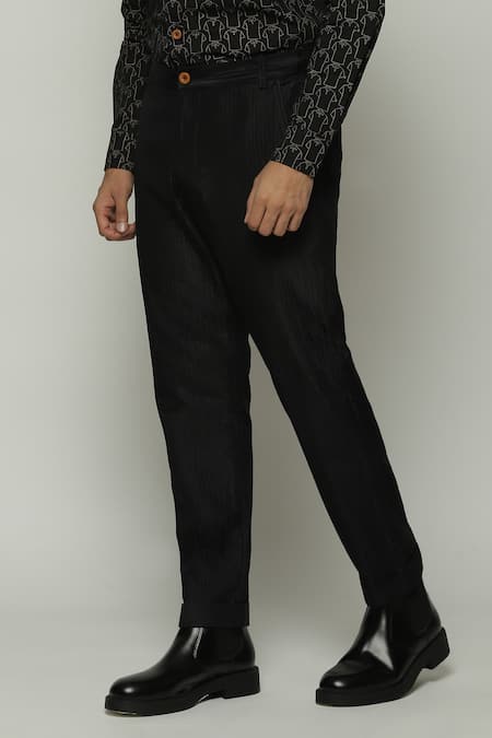 Abraham And Thakore_Black Silk Embroidery Tonal Trapunto Straight Trouser_Online_at_Aza_Fashions