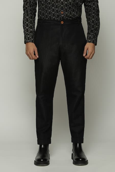 Abraham And Thakore_Black Silk Embroidery Tonal Trapunto Straight Trouser_at_Aza_Fashions