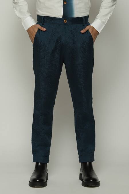 Abraham And Thakore Blue Silk Embroidery Tonal Trapunto Trouser Online at Aza Fashions Abraham And Thakore_Blue Silk Embroidery Tonal Trapunto Trouser_Online_at_Aza_Fashions