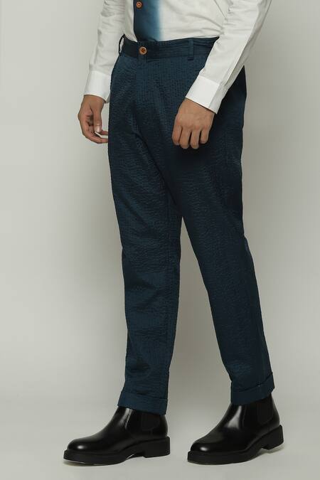 Buy Abraham And Thakore Blue Silk Embroidery Tonal Trapunto Trouser Online at Aza Fashions Buy_Abraham And Thakore_Blue Silk Embroidery Tonal Trapunto Trouser_Online_at_Aza_Fashions