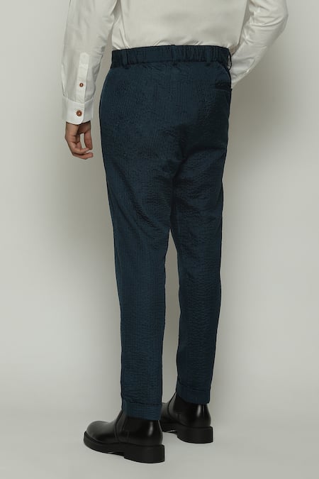 Shop Abraham And Thakore Blue Silk Embroidery Tonal Trapunto Trouser at Aza Fashions Shop_Abraham And Thakore_Blue Silk Embroidery Tonal Trapunto Trouser_at_Aza_Fashions