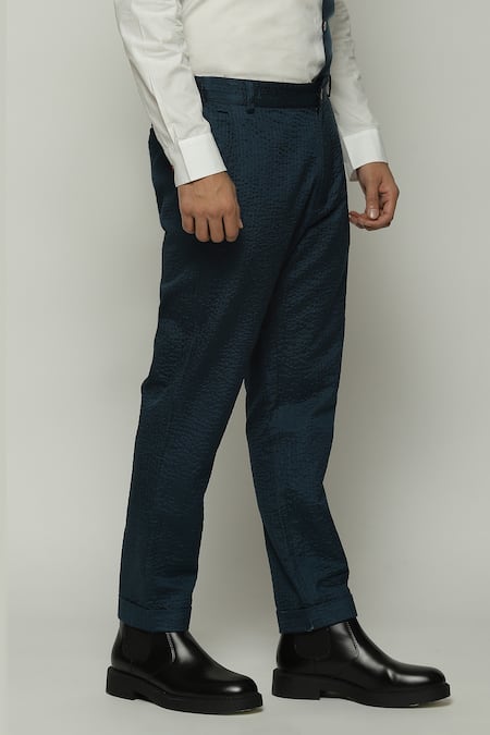 Shop Abraham And Thakore Blue Silk Embroidery Tonal Trapunto Trouser Online at Aza Fashions Shop_Abraham And Thakore_Blue Silk Embroidery Tonal Trapunto Trouser_Online_at_Aza_Fashions