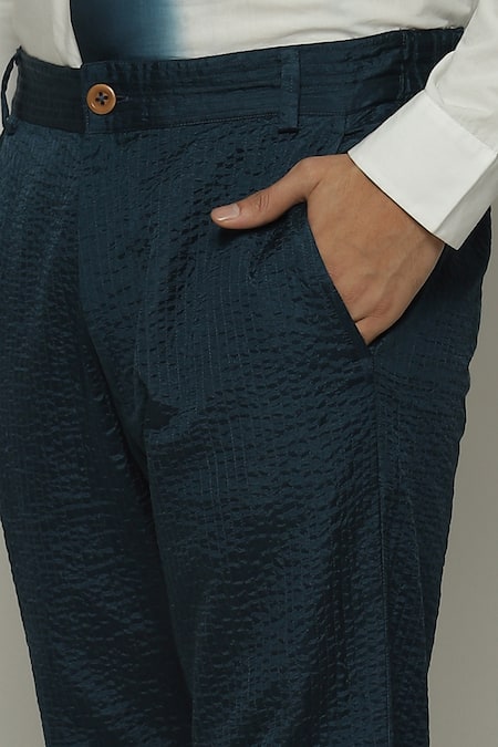 Abraham And Thakore Blue Silk Embroidery Tonal Trapunto Trouser at Aza Fashions Abraham And Thakore_Blue Silk Embroidery Tonal Trapunto Trouser_at_Aza_Fashions