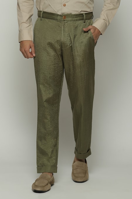 Abraham And Thakore Green Silk Embroidery Tonal Trapunto Trouser Online at Aza Fashions Abraham And Thakore_Green Silk Embroidery Tonal Trapunto Trouser_Online_at_Aza_Fashions