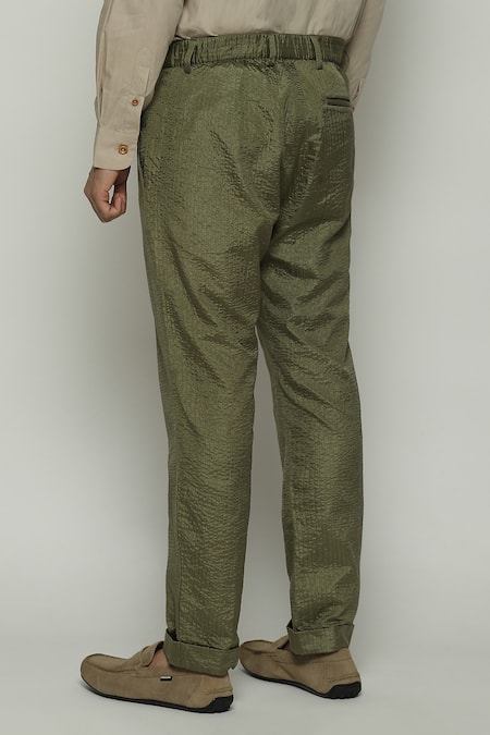 Shop Abraham And Thakore Green Silk Embroidery Tonal Trapunto Trouser at Aza Fashions Shop_Abraham And Thakore_Green Silk Embroidery Tonal Trapunto Trouser_at_Aza_Fashions