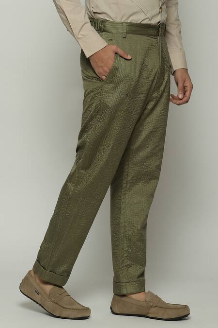 Shop Abraham And Thakore Green Silk Embroidery Tonal Trapunto Trouser Online at Aza Fashions Shop_Abraham And Thakore_Green Silk Embroidery Tonal Trapunto Trouser_Online_at_Aza_Fashions