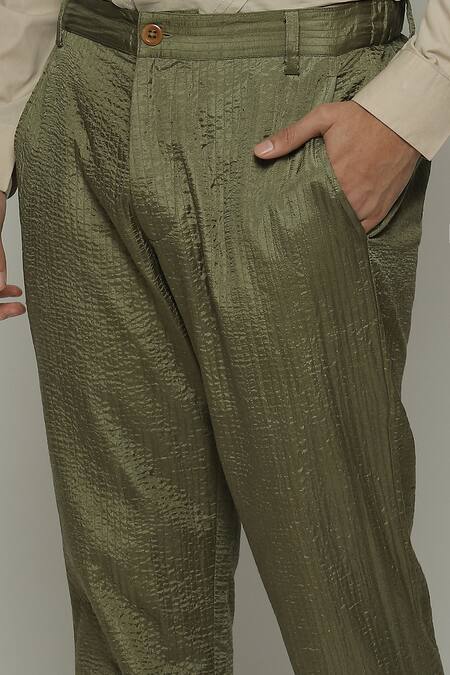 Abraham And Thakore Green Silk Embroidery Tonal Trapunto Trouser at Aza Fashions Abraham And Thakore_Green Silk Embroidery Tonal Trapunto Trouser_at_Aza_Fashions