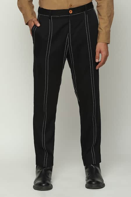 Abraham And Thakore_Black Twill Embroidery Spaced Out Striped Stitch Trouser_Online_at_Aza_Fashions