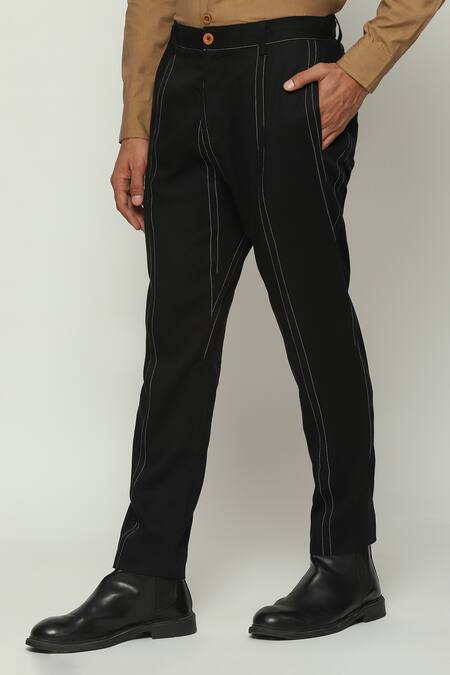 Buy_Abraham And Thakore_Black Twill Embroidery Spaced Out Striped Stitch Trouser_Online_at_Aza_Fashions
