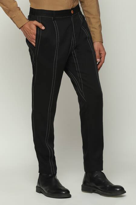 Shop_Abraham And Thakore_Black Twill Embroidery Spaced Out Striped Stitch Trouser_Online_at_Aza_Fashions