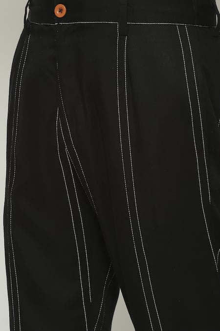 Abraham And Thakore_Black Twill Embroidery Spaced Out Striped Stitch Trouser_at_Aza_Fashions