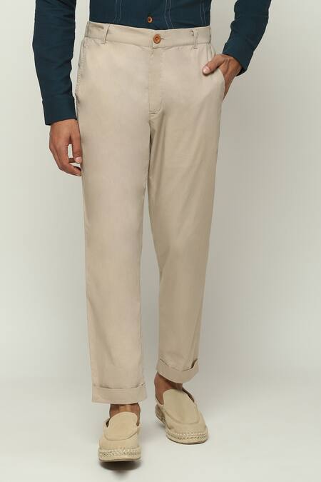 Abraham And Thakore Brown Poplin Solid Straight Trouser Online at Aza Fashions Abraham And Thakore_Brown Poplin Solid Straight Trouser_Online_at_Aza_Fashions