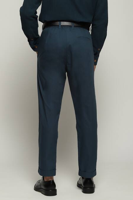 Shop Abraham And Thakore Blue Poplin Solid Straight Trouser at Aza Fashions Shop_Abraham And Thakore_Blue Poplin Solid Straight Trouser_at_Aza_Fashions
