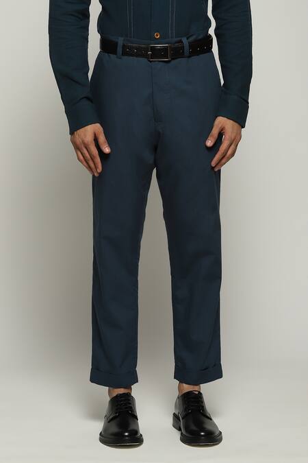 Abraham And Thakore Blue Poplin Solid Straight Trouser Online at Aza Fashions Abraham And Thakore_Blue Poplin Solid Straight Trouser_Online_at_Aza_Fashions