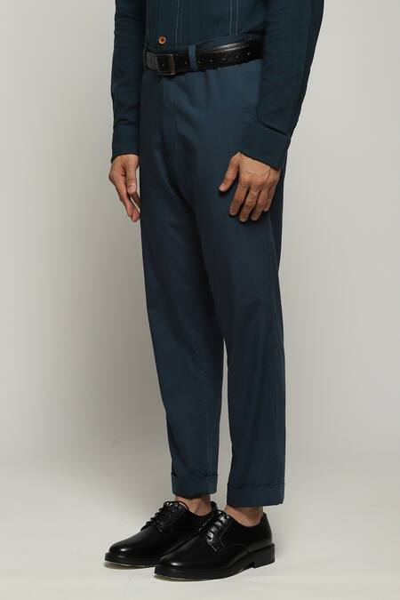 Shop Abraham And Thakore Blue Poplin Solid Straight Trouser Online at Aza Fashions Shop_Abraham And Thakore_Blue Poplin Solid Straight Trouser_Online_at_Aza_Fashions