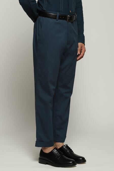 Abraham And Thakore Blue Poplin Solid Straight Trouser at Aza Fashions Abraham And Thakore_Blue Poplin Solid Straight Trouser_at_Aza_Fashions