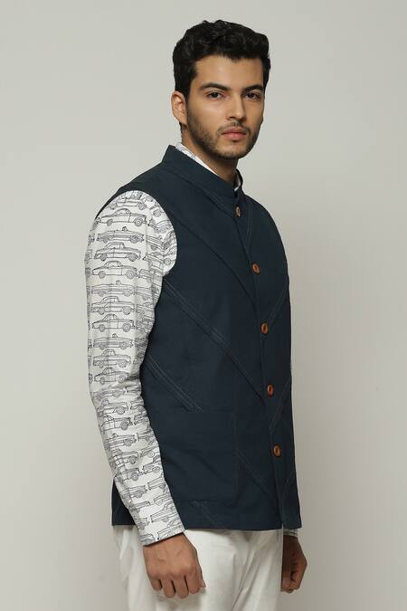 Abraham And Thakore Blue Poplin Sleeveless Diagonal Pleats Bundi Online at Aza Fashions Abraham And Thakore_Blue Poplin Sleeveless Diagonal Pleats Bundi_Online_at_Aza_Fashions